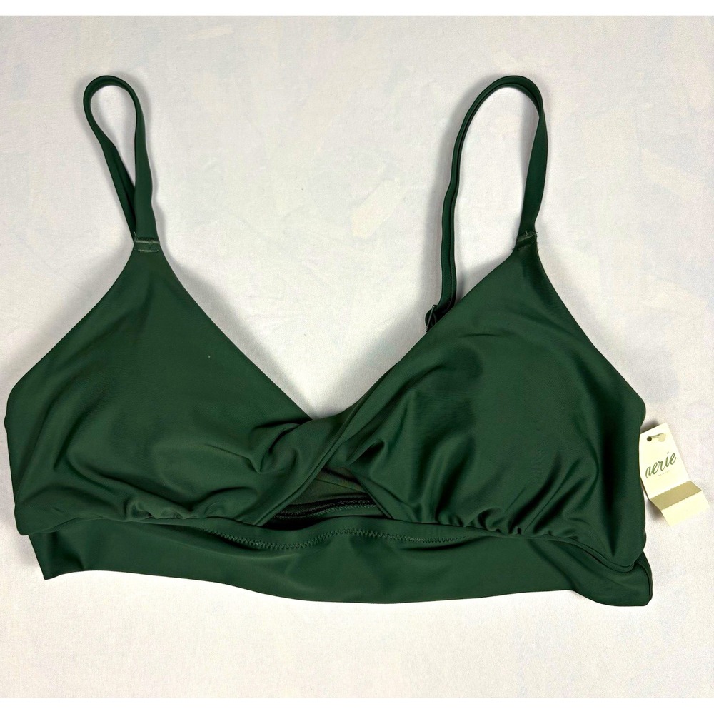 Aerie Twist Front Cutout Scoop Bikini Top Women's Large Dark Green NWT